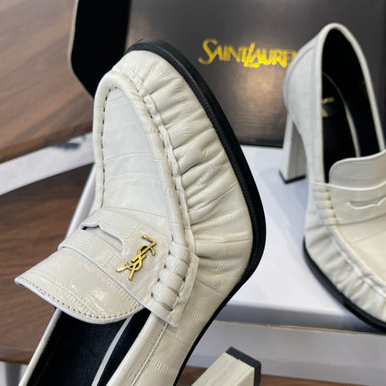 YSL 26S HEELED LOAFERS 100 MM IN WHITE CALFSKIN