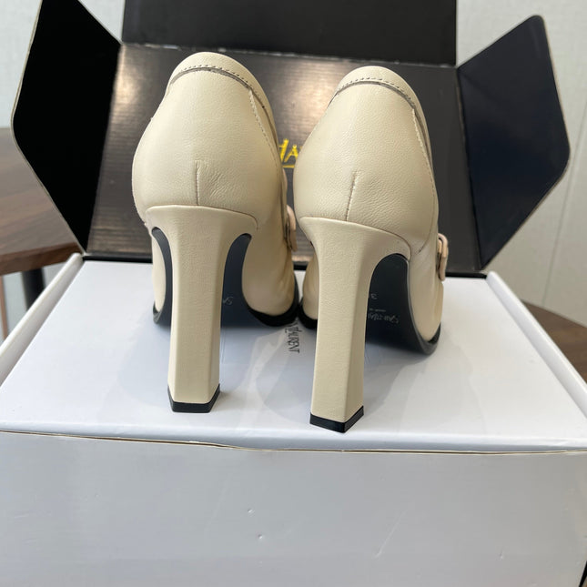 YSL 26S HEELED LOAFERS 100 MM IN SOFT OFF-WHITE CALFSKIN