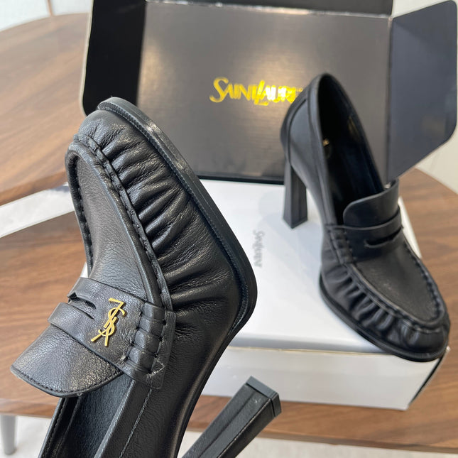 YSL 26S HEELED LOAFERS 100 MM IN BLACK CALFSKIN
