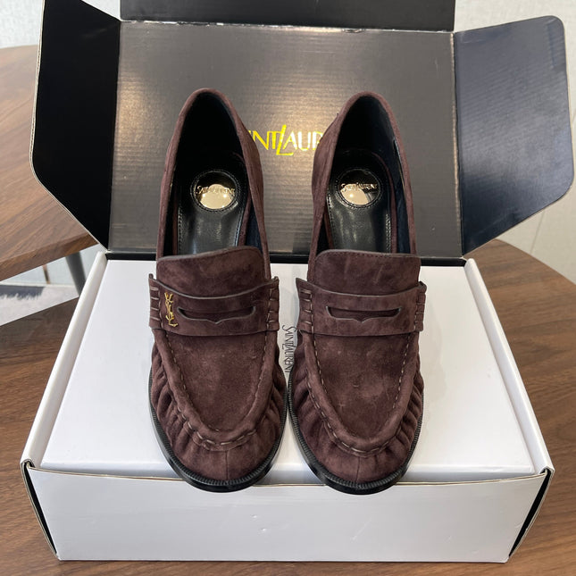 YSL 26S HEELED LOAFERS 100 MM IN WINE BROWN SUEDE