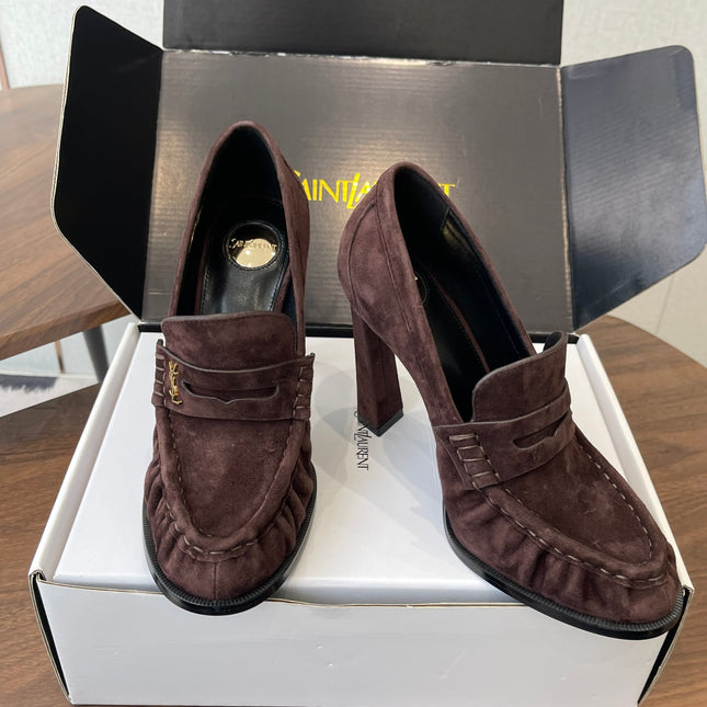 YSL 26S HEELED LOAFERS 100 MM IN WINE BROWN SUEDE
