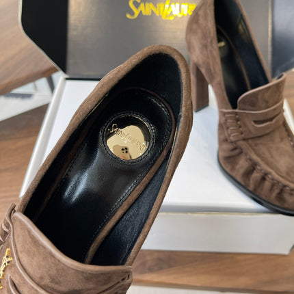 YSL 26S HEELED LOAFERS 100 MM IN DARK BROWN SUEDE