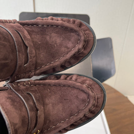 YSL 26S HEELED LOAFERS 100 MM IN DARK BROWN SUEDE