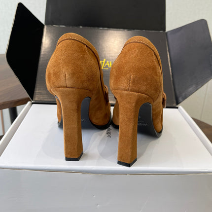 YSL 26S HEELED LOAFERS 100 MM IN BROWN SUEDE