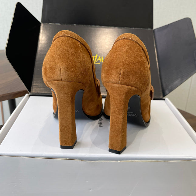 YSL 26S HEELED LOAFERS 100 MM IN BROWN SUEDE