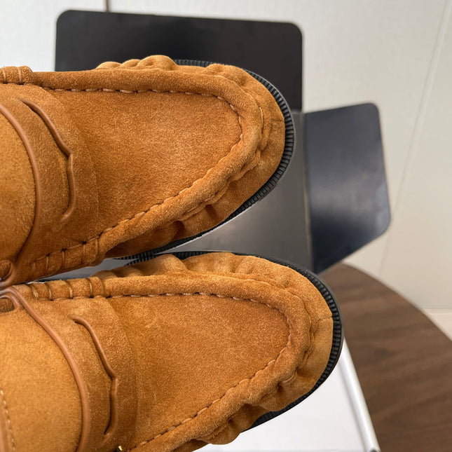 YSL 26S HEELED LOAFERS 100 MM IN BROWN SUEDE