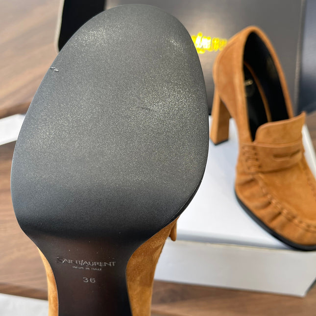 YSL 26S HEELED LOAFERS 100 MM IN BROWN SUEDE