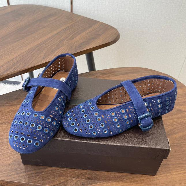 ALAIA 26S MARY JANE FLATS IN DARK BLUE SUEDE