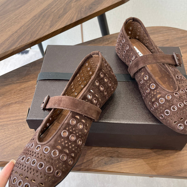 ALAIA 26S MARY JANE FLATS IN DARK BROWN SUEDE STYLE 1