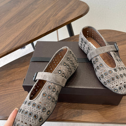 ALAIA 26S MARY JANE FLATS IN GREIGE BROWN SUEDE