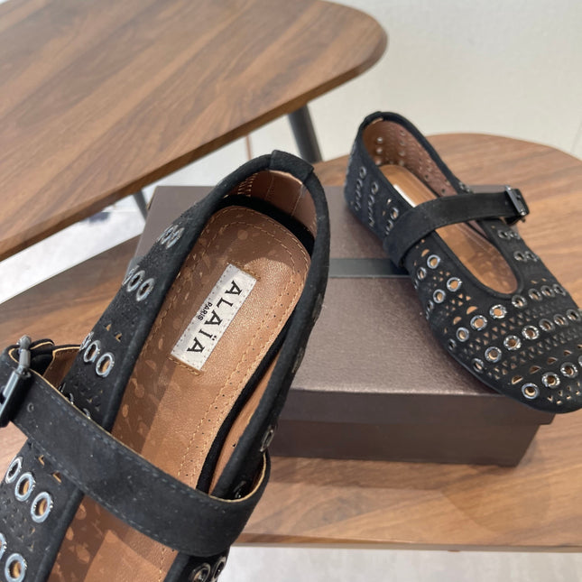 ALAIA 26S MARY JANE FLATS IN BLACK SUEDE