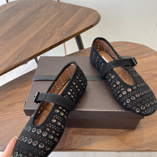 ALAIA 26S MARY JANE FLATS IN BLACK SUEDE