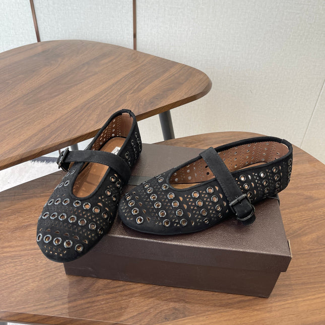 ALAIA 26S MARY JANE FLATS IN BLACK SUEDE