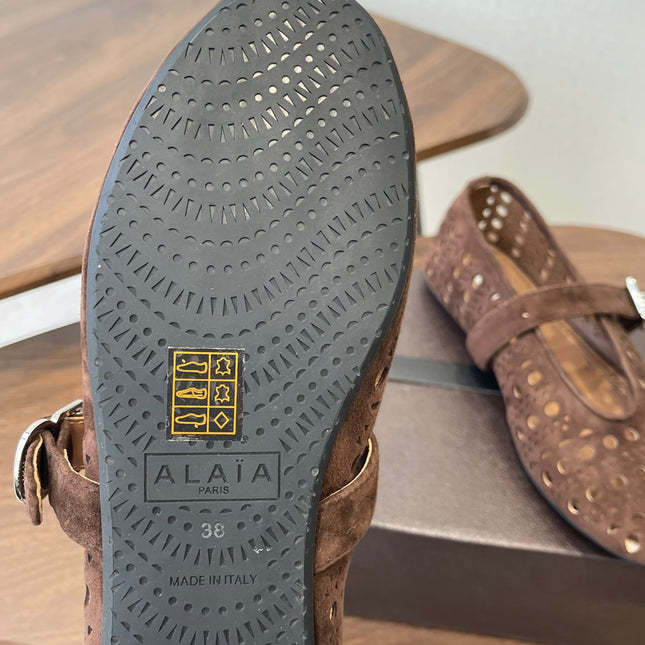 ALAIA 26S MARY JANE FLATS IN DARK BROWN SUEDE