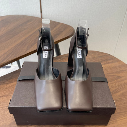 ALAIA 26S SQUARE-TOE HIGH HEELS 95 MM IN DARK BROWN CALFSKIN