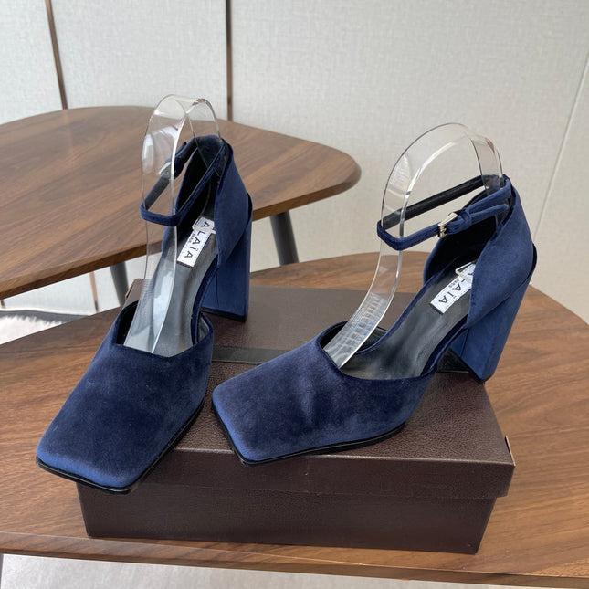 ALAIA 26S SQUARE-TOE HIGH HEELS 95 MM IN NAVY BLUE SUEDE