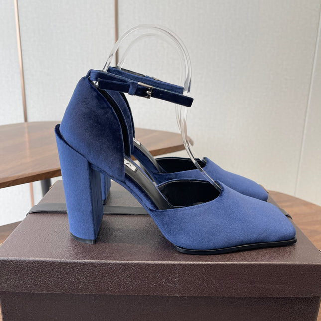 ALAIA 26S SQUARE-TOE HIGH HEELS 95 MM IN NAVY BLUE SUEDE
