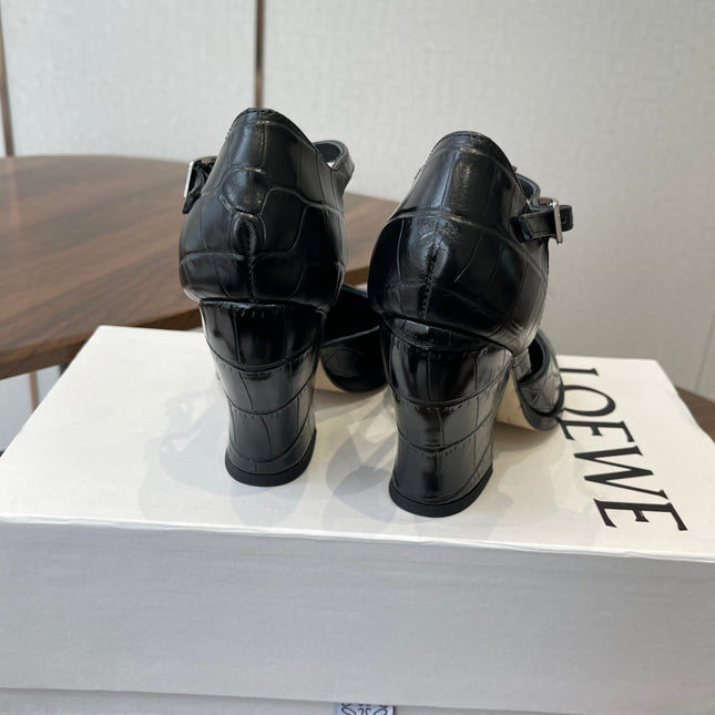 LOEWE 26S ONDA 90MM T-STRAP HIGH-HEEL SHOES IN BLACK EMBOSSED CROCODILE CALFSKIN