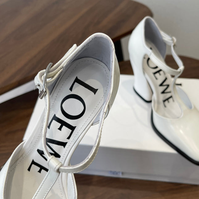 LOEWE 26S ONDA 90MM T-STRAP HIGH-HEEL SHOES IN WHITE GLOSSY CALFSKIN