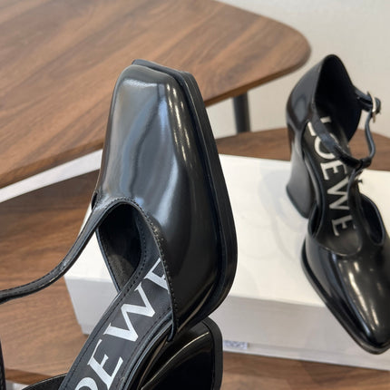 LOEWE 26S ONDA 90MM T-STRAP HIGH-HEEL SHOES IN BLACK GLOSSY CALFSKIN
