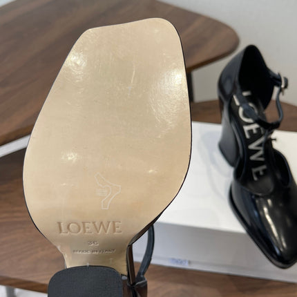 LOEWE 26S ONDA 90MM T-STRAP HIGH-HEEL SHOES IN BLACK GLOSSY CALFSKIN