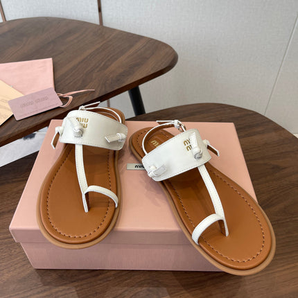 MIUMIU 26S FLIP FLOPS IN WHITE AND TAN BROWN CALFSKIN