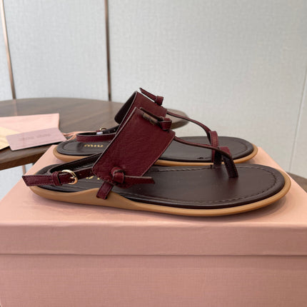 MIUMIU 26S FLIP FLOPS IN DARK BROWN AND BURGUNDY RED CALFSKIN