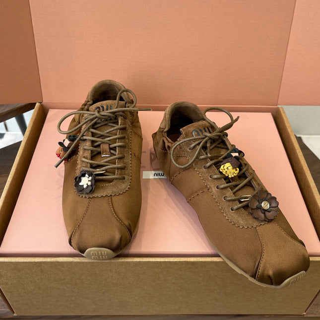 MIUMIU 26S SNEAKERS IN DARK BROWN PLUME SATIN