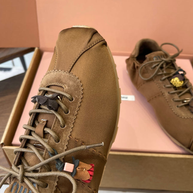 MIUMIU 26S SNEAKERS IN DARK BROWN PLUME SATIN