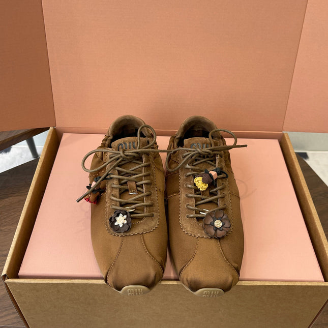MIUMIU 26S SNEAKERS IN DARK BROWN PLUME SATIN