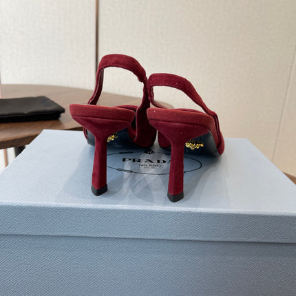 PRADA 26S SLINGBACK PUMPS 75MM IN BURGUNDY RED SUEDE WITH LOGO