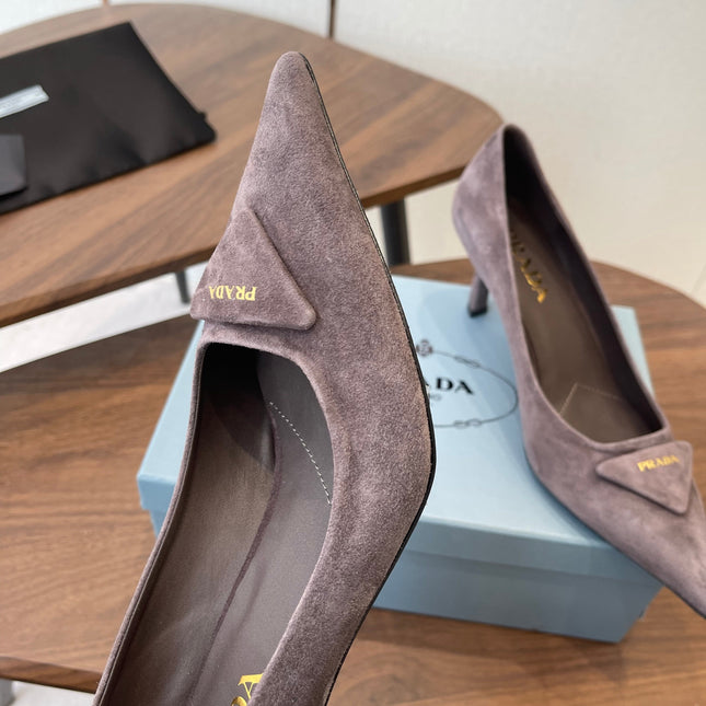 PRADA 26S SLINGBACK PUMPS 75MM IN TAUPE BROWN SUEDE WITH LOGO