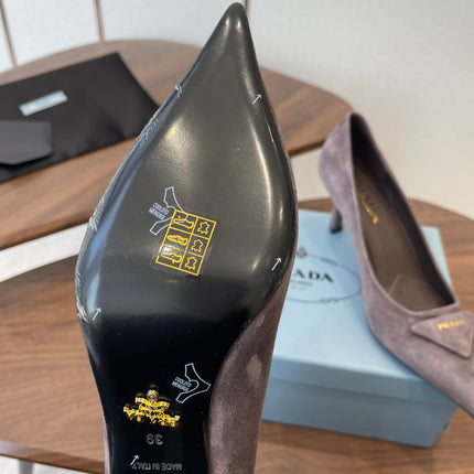 PRADA 26S SLINGBACK PUMPS 75MM IN TAUPE BROWN SUEDE WITH LOGO