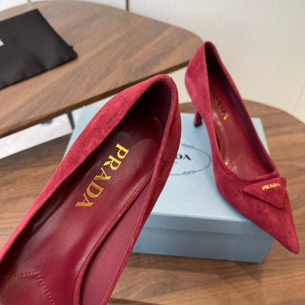 PRADA 26S POINTED TOE HIGH HEELS 75MM IN DARK RED SUEDE WITH LOGO