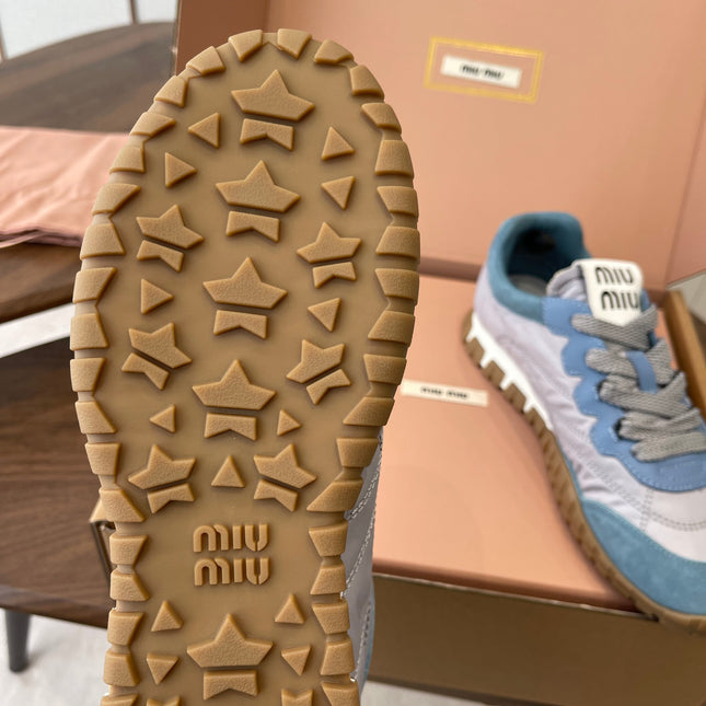 MIUMIU 26S SNEAKERS IN LIGHT GRAY AND BLUE FABRIC AND SUEDE