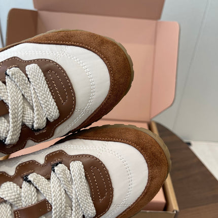 MIUMIU 26S SNEAKERS IN WHITE AND CARAMEL BROWN FABRIC AND SUEDE