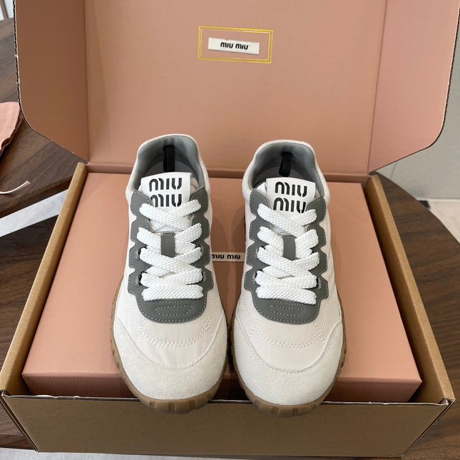 MIUMIU 26S SNEAKERS IN WHITE AND GRAY FABRIC AND SUEDE