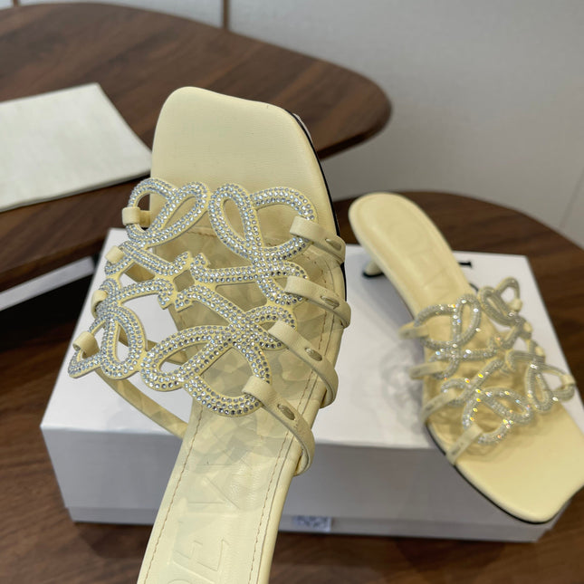 LOEWE 26S HIGH HEEL SANDALS IN LIGHT YELLOW CALFSKIN WITH CRYSTALS