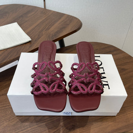 LOEWE 26S HIGH HEEL SANDALS IN WINE RED CALFSKIN WITH CRYSTALS