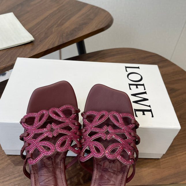 LOEWE 26S HIGH HEEL SANDALS IN WINE RED CALFSKIN WITH CRYSTALS