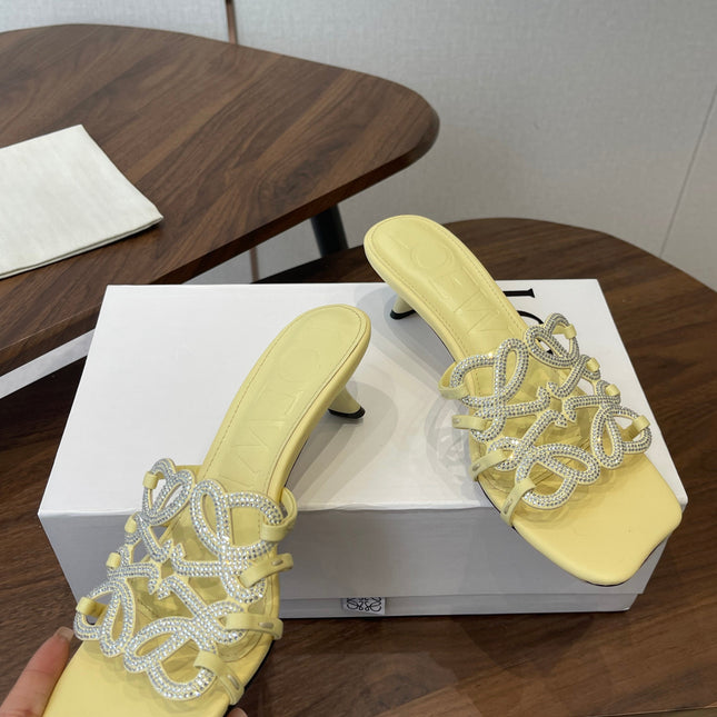 LOEWE 26S HIGH HEEL SANDALS IN BUTTER YELLOW CALFSKIN WITH CRYSTALS