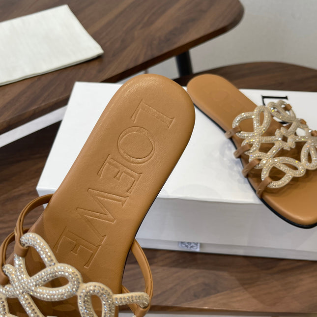 LOEWE 26S FLAT SANDALS IN CAMEL BROWN CALFSKIN WITH CRYSTALS