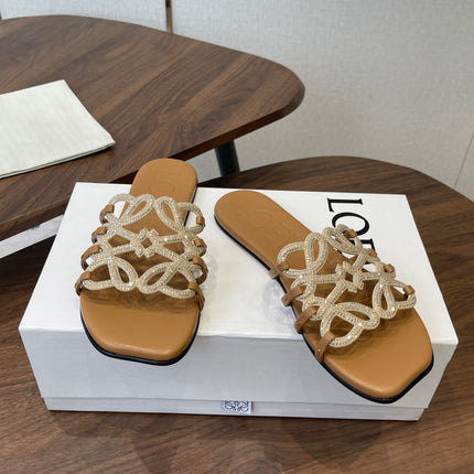 LOEWE 26S FLAT SANDALS IN CAMEL BROWN CALFSKIN WITH CRYSTALS