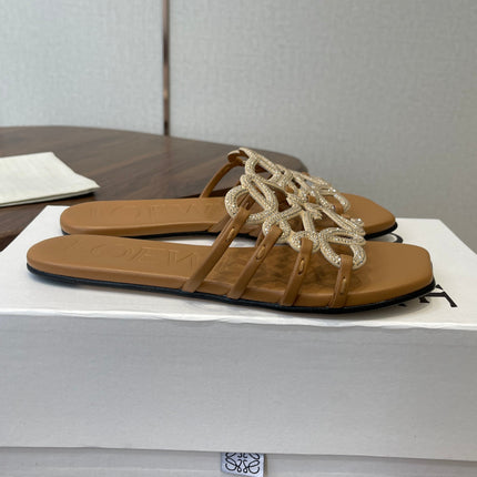 LOEWE 26S FLAT SANDALS IN CAMEL BROWN CALFSKIN WITH CRYSTALS