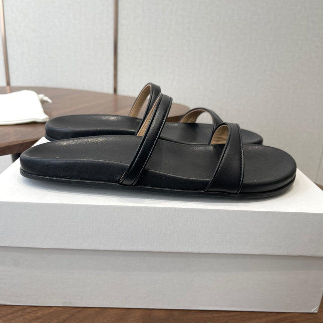 THE ROW 26S DOUBLE STRAP FLAT SANDALS IN BLACK CALFSKIN