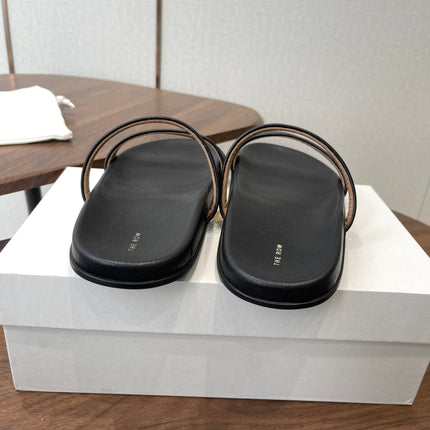 THE ROW 26S DOUBLE STRAP FLAT SANDALS IN BLACK CALFSKIN