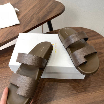 THE ROW 26S DOUBLE STRAP TOE LOOP SLIDE SANDALS IN BROWN CALFSKIN