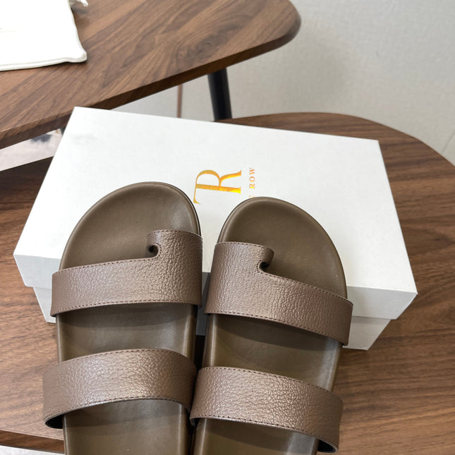 THE ROW 26S DOUBLE STRAP TOE LOOP SLIDE SANDALS IN BROWN CALFSKIN