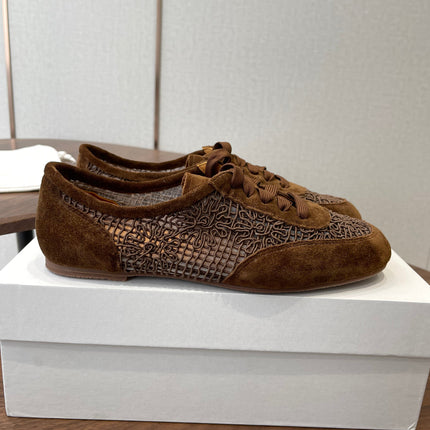 THE ROW 26S LACE UP SNEAKERS IN CARAMEL BROWN SUEDE