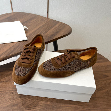 THE ROW 26S LACE UP SNEAKERS IN CARAMEL BROWN SUEDE